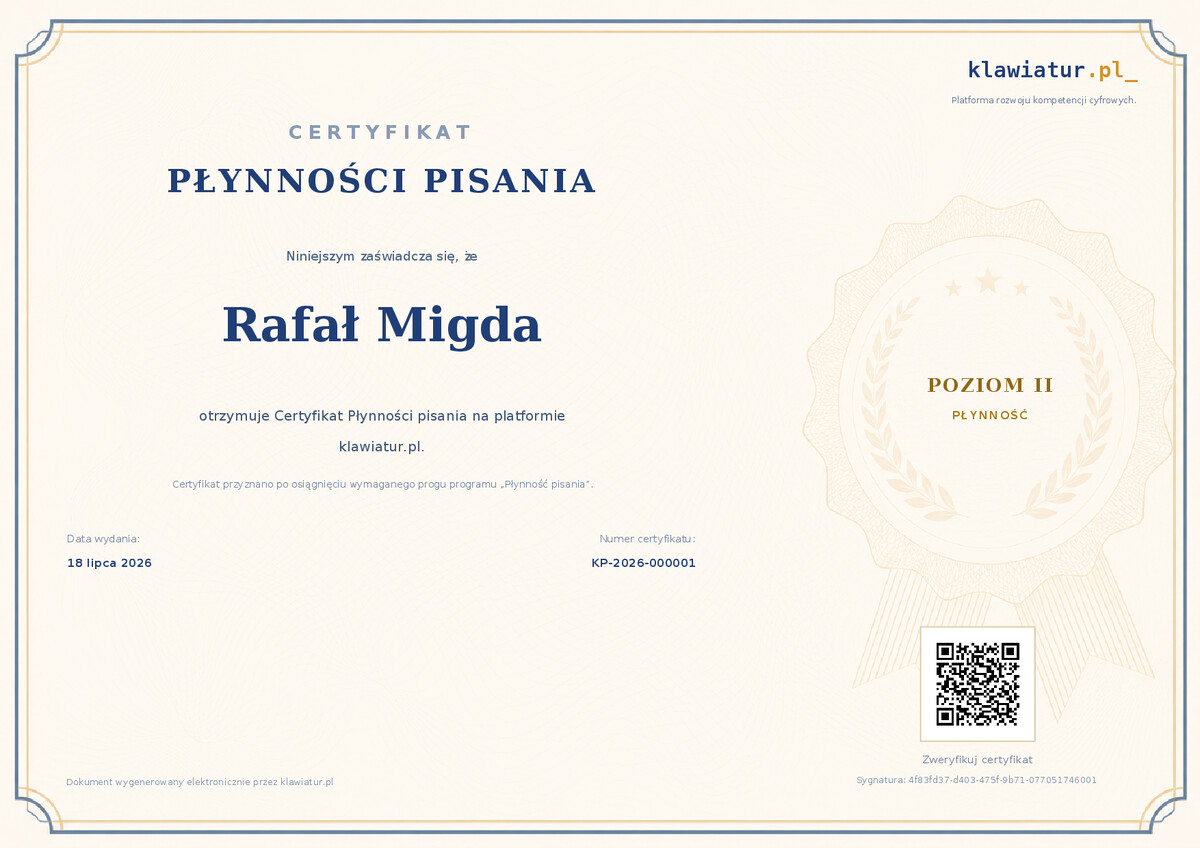 Przykładowy Certyfikat Płynności pisania