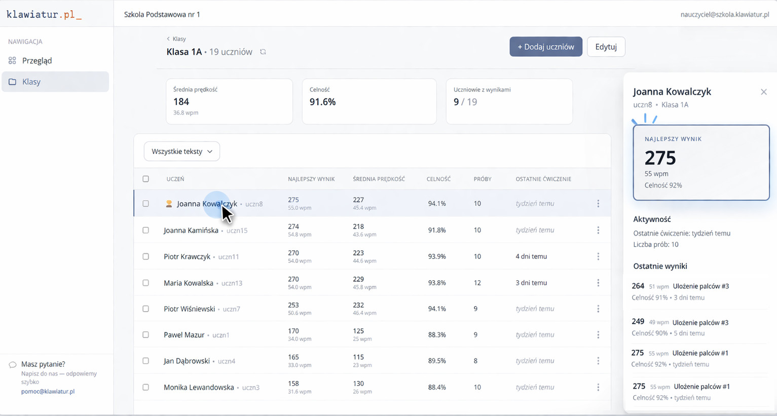 Panel nauczyciela w klawiatur.pl – podgląd interfejsu